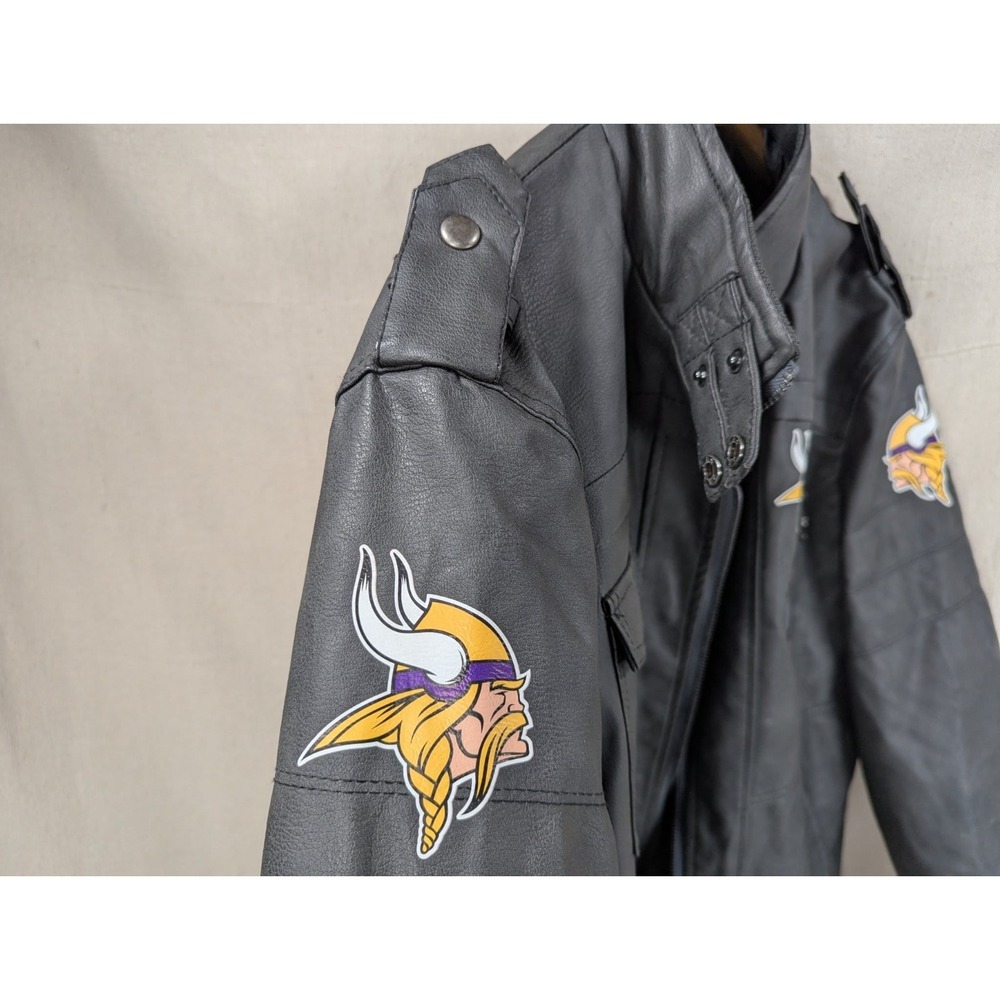 Minnesota Vikings NFL Faux Leather Moto Jacket Size Large Team Logos Zip Pockets - Picture 11 of 15